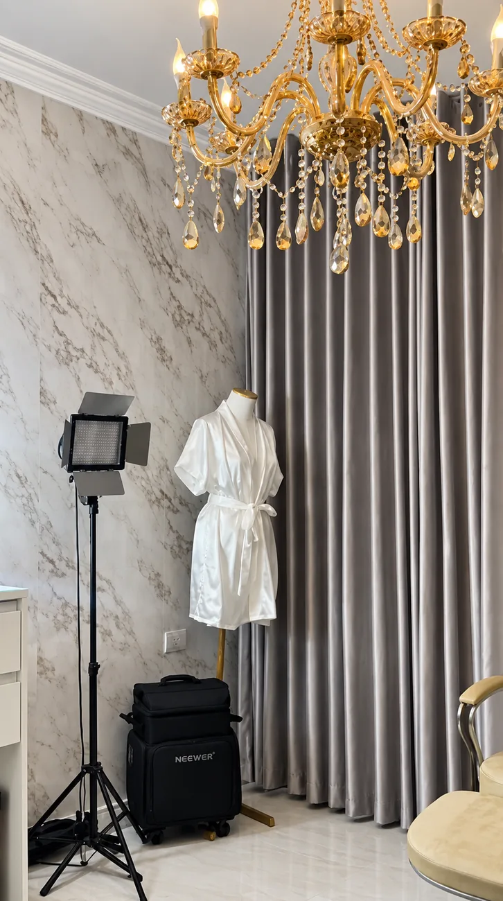 Estúdio da Greice Allmeida com lustre dourado, iluminação profissional e robe branco